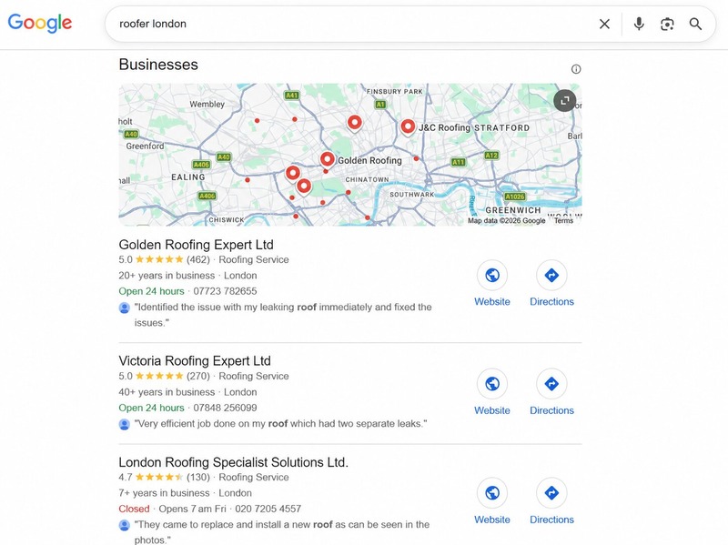 Google Maps search results showing the map pack and website listings
