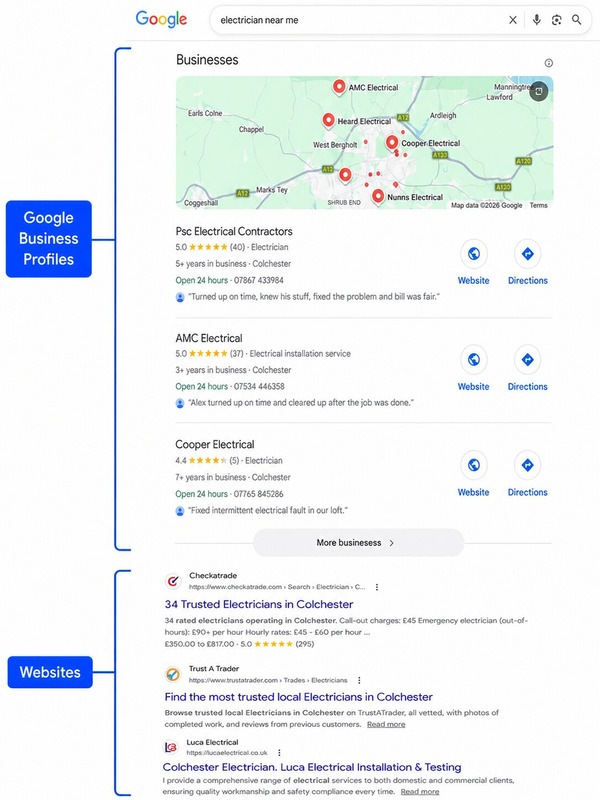 Google search results showing the local map pack for a roofing business